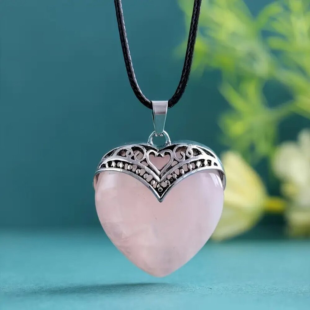 Rose Quartz Natural Gemstone Heart Pendant Necklace Healing Gemstone Pendant